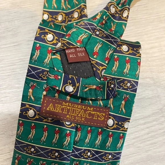 Golf Neck Tie Handmade 100% Silk - Green and Blue Novelty Tie - Picture 5 of 5